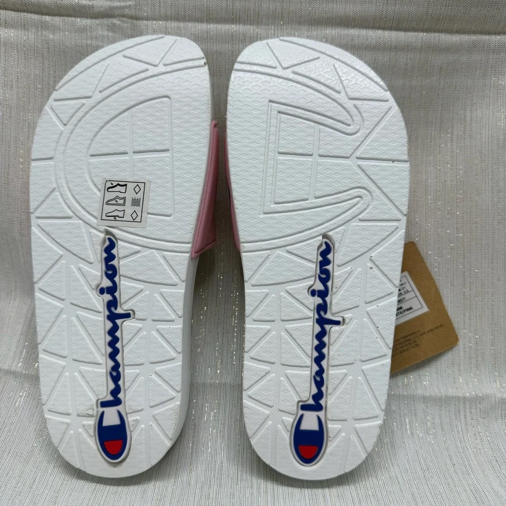 Champion IPO MM Kids Pink White Big C Script Logo Slide Sandals Size 3Y